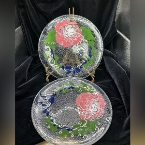 Signed Peggy Karr Fused Glass Plates Pink Roses Set of 2